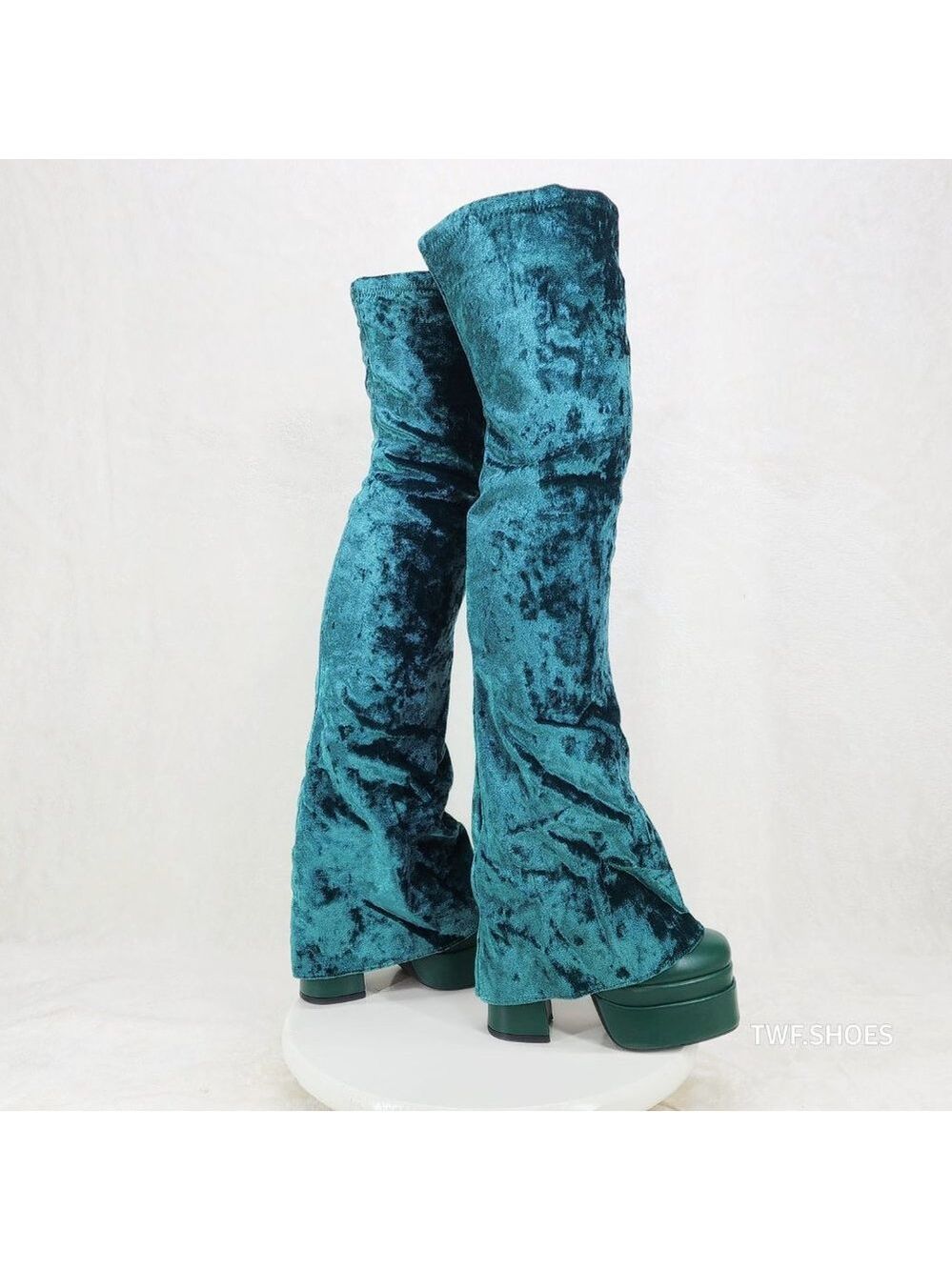 Good Will Unique Thigh High Emerald Velvet Fold over Chunky Heel Platform Boots - Picture 6 of 15